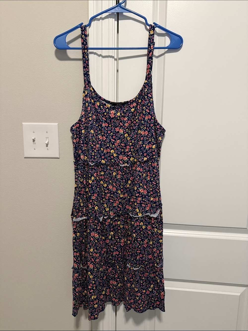 Floral Tiered Mini Dress - Navy with Pink & Yellow Flowers